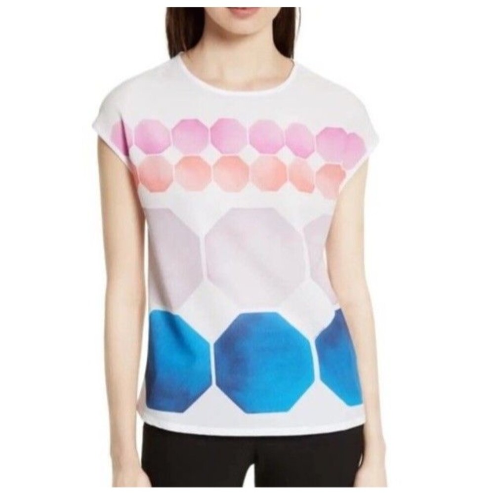 Ted Baker Rozey Top Geometric Jewel Print Mixed Media White Size 10 Boxy - Picture 9 of 12